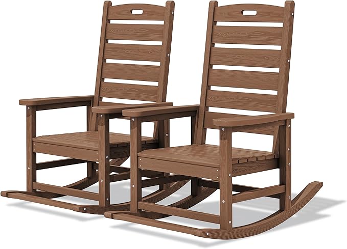 SERWALL Outdoor Rocking Chair Set of 2, Oversized Rocking Chair with Footboard for Adults, HDPE All Weather Resistant Rocking Chairs for Patio, 350lbs Weight Capacity, Brown