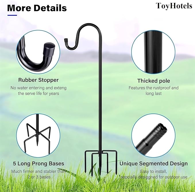 Shepherd Hooks for Outdoor, 2 Pack 62 Inch Bird Feeder Pole with 5 Prongs Base for Hanging Lantern, Hummingbird Feeder, Lightweight Plant, Shepherds Hook for Bird Feeders for Outside