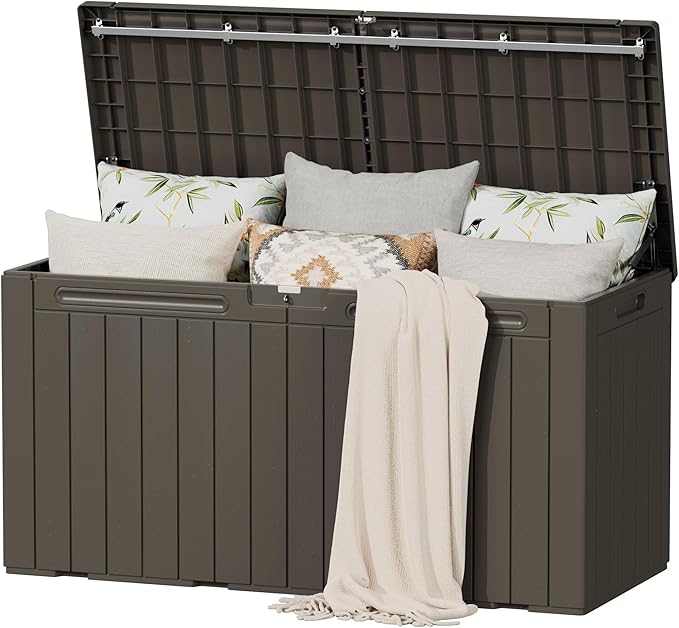 Flamaker Resin Deck Box 100 Gallon Large Lockable Outdoor Storage Box Waterproof for Patio Cushions, Tools, Pool Accessories (Deep Brown)