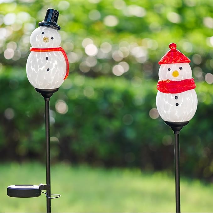 Solar Powered Garden Stake Lights Outdoor, Cute Animal Outdoor Figurine Lights Ornament Statue Decor for Pathway, Patio, Red Snowman