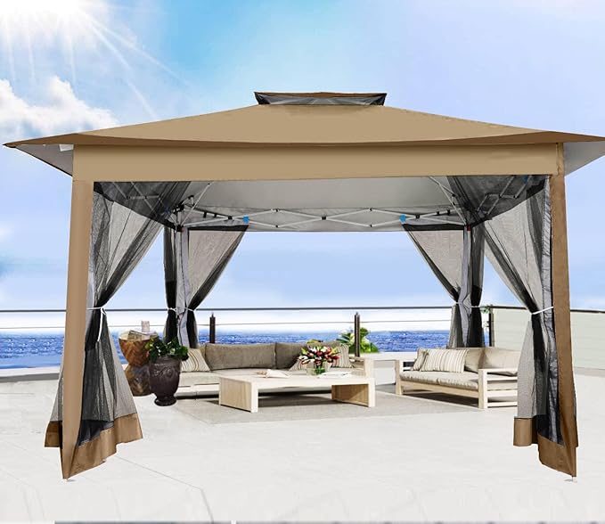 COBIZI 12x12 Pop Up Gazebo On Clearance Canopy Tent- Upgrade Metal Outdoor Canopy Waterproof - Portable Gazebo with Mosquito Nettings, 4 Ropes 8 Stakes and Carry Bag for Patio Garden(Coffee)