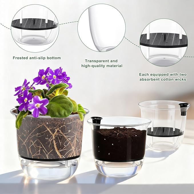 6 Pcs Clear Self Watering Pots for Indoor Outdoor Plants Flowers, 2 Each of 4, 5 and 6 Inch Self Watering Planters with Reservoir, Drainage Hole and Absorbent Cotton Rope
