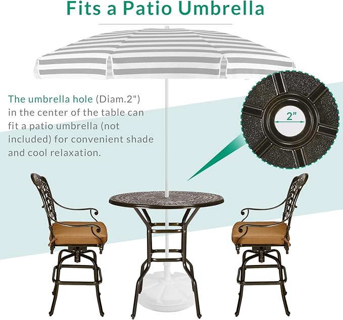 VIVIJASON 3-Piece Outdoor Swivel Bar Stools Set, All Weather Cast Aluminum Patio Bar Height Bistro Set with 2 Cushioned Bar Chairs & 38.5" High Bar Table w/Umbrella Hole for Backyard, Lawn, Garden