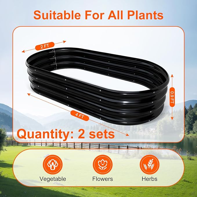 Raised Garden Bed Outdoor 2 Sets Oval Large Coating Metal Planter Box with No Heavy Metal for Vegetables, Flowers, Herbs