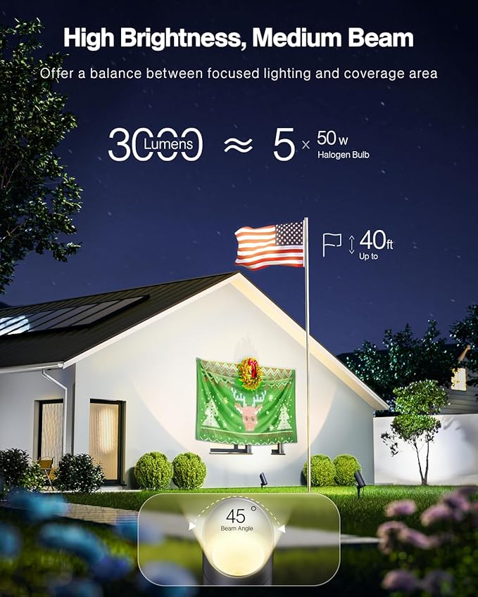 HIBOITEC 2 Pack 30W Outdoor LED Spot Lights 120V Plug in Flag Pole Light 3000LM 3000K Warm White Waterproof Landscape Spotlight for Yard Garden Tree Statue, 5.9 FT Cord with Plug
