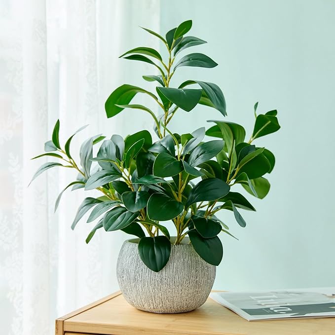 AlphaAcc 17.8 Inch Artificial Ficus Plant Potted Faux Greenery in Gray Round Vertical Striped Cement Planter with Pebbles Realistic Fake Plant for Indoor Modern Home Kitchen Living Room Office Decor