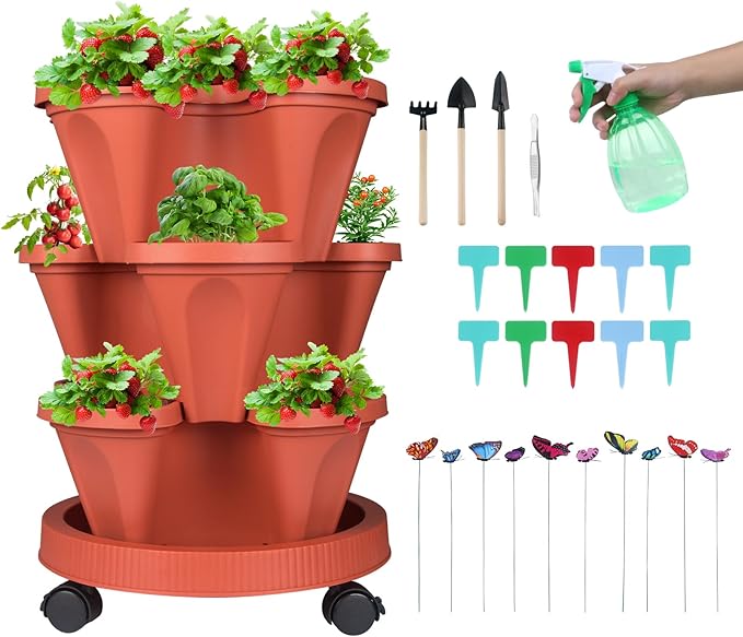 Vertical Planter 3 Tier Stackable Planters Garden Planters Strawberry Herb Flower and Vegetable Planter Indoor Outdoor Gardening Pots with Removable Wheels and Tools