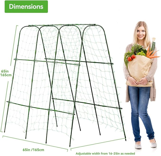 Lalahoni Cucumber Trellis, 65" X 65" Metal Garden Arch Trellis Climbing Plant Outdoor Support for Vine Fruits Flowers Vegetables Peas Beans Squash Cucumber Tomato Raised Bed, with Netting, Lightweight