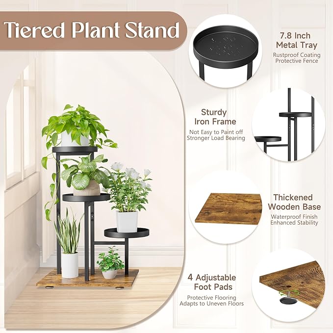 iDavosic.ly 3 Tier Plant Stand Indoor, Tiered Corner Flower Holder Shelf Outdoor, Metal Tall Orchid Display Rack for Patio Porch Garden Balcony Office Living Room, Modern Black & Rustic Brown