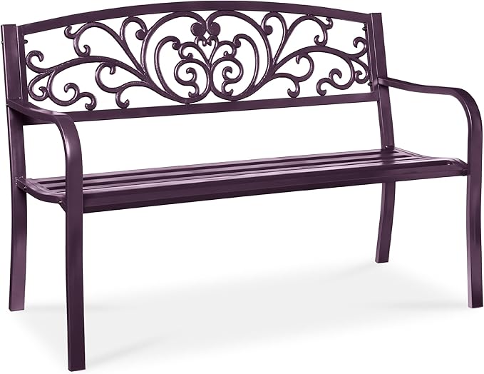 Best Choice Products Outdoor Bench Steel Garden Patio Porch Furniture for Lawn, Park, Deck w/Floral Design Backrest, Slatted Seat - Purple