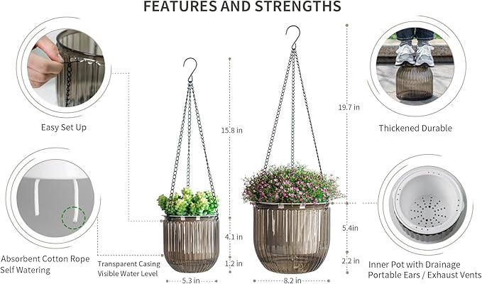 Josteve 5.2/8.2 Inch 2 Pcs Self Watering Hanging Planter Indoor Plant Pots Drainage Holes, Outdoor Small Hanging Planters Flower Pot Basket, Visible Water Level, Plant Hanger Home Decor, Gardening