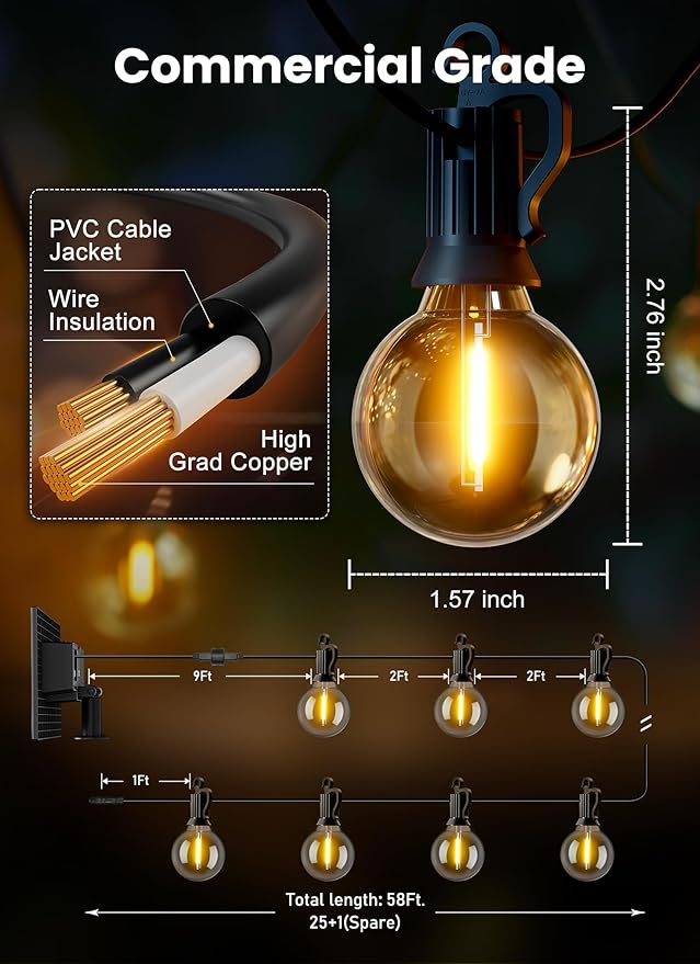 Brightown 58FT Solar String Lights Outdoor with Remote and 26 LED Shatterproof Bulbs, Dimmable & Timable, 3 Light Modes, Solar Patio String Lights Outdoor for Cafe, Garden, Deck, Outside Wedding