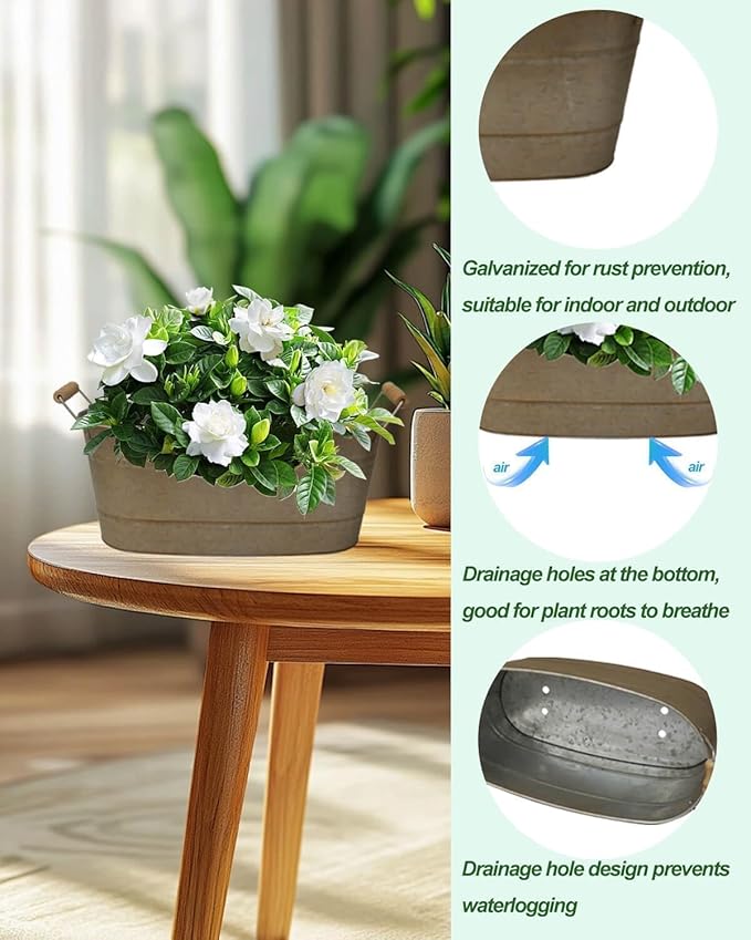 vensovo 15 Inch Galvanized Planters for Outdoor Plants - 3 Pcs Rustic Large Metal Flower Buckets with Drainage & Plug, Farmhouse Style Oval Planter Containers with Handles, Great for Home Decor
