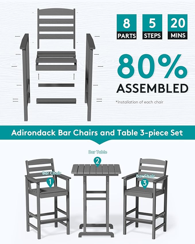 SERWALL 4 Pieces Outdoor Patio Bar Set with 9ft Umbrella, Outdoor HDPE Barstool and Table Furniture Set with Patio Umbrella, Gray