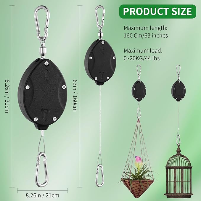 1 Pack Heavy Duty Retractable Plant Hangers, Adjustable Pull-Down Pulleys with 63" Stainless Steel Rope, Double Hooks for Hanging Plants, Bird Feeders, Planters & Pots, Indoor & Outdoor Use
