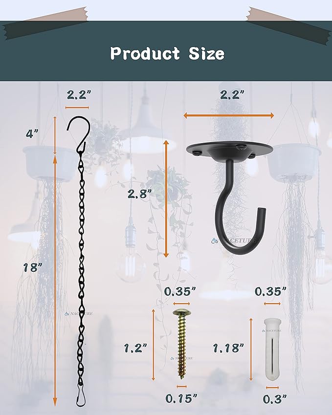 NACETURE Ceiling Hooks for Hanging Plants 3 Pack - Plant Hanger Indoor Hanging Hooks Metal Plant Bracket Iron Lanterns Hangers for Wind Chimes (White 3 Pack + Chain)