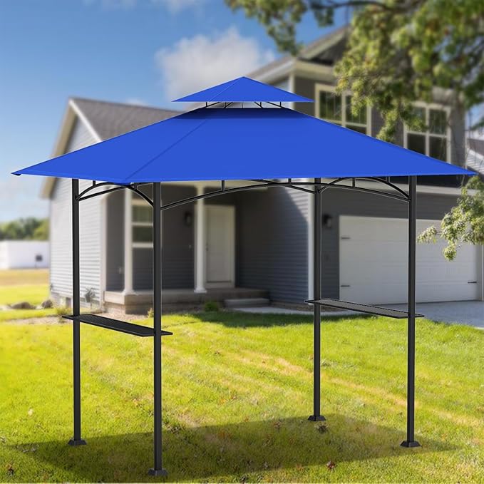 Grill Gazebo Replacement Canopy Top - 5'x8' Outdoor BBQ Tent Roof Cover Double Tiered Outdoor Grill Shelter Fit for Model L-GG001PST-F (Blue)