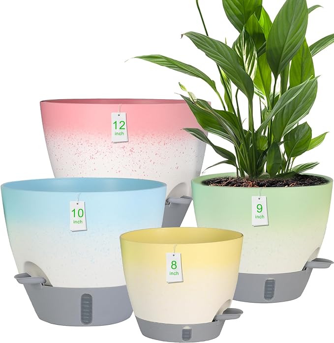 4-Piece Planter Set, 12/10/9/8-inch Self-Watering Pots with Drainage Holes, Deep Trays, Water Level Indicators, Suitable for Plants (12/10/9/8-inch, White Gradient Design)