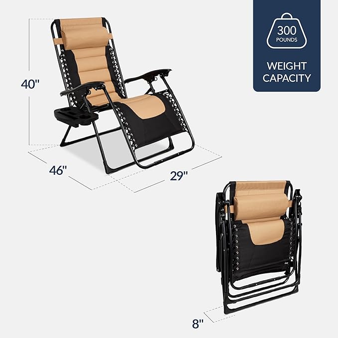 Best Choice Products Oversized Padded Zero Gravity Chair, Folding Outdoor Patio Recliner, XL Anti Gravity Lounger for Backyard w/Headrest, Cup Holder, Side Tray, Polyester Mesh - Tan