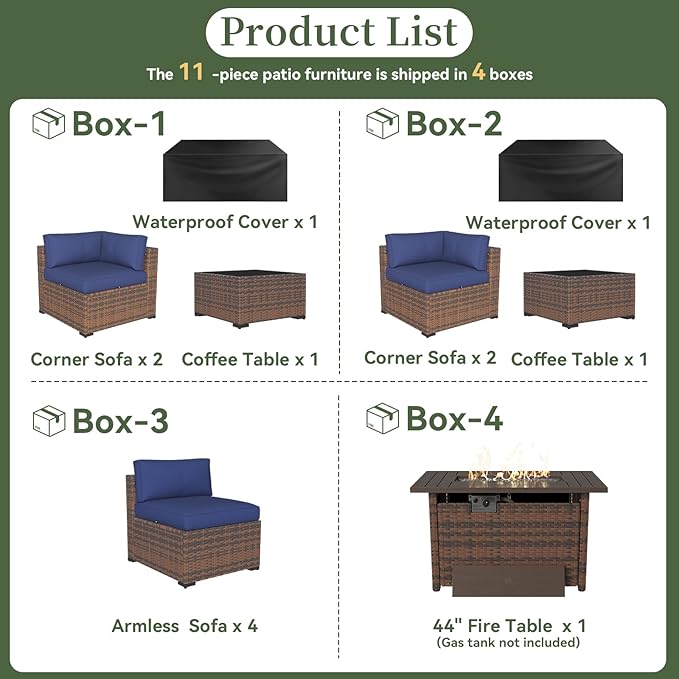 Aoxun 11 Piece Patio Furniture Set with 44” Fire Pit Table Wicker Rattan Outdoor Sectional Sofa Set with Coffee Table and 4” Thickened Cushions, Blue (Waterproof Cover Included)