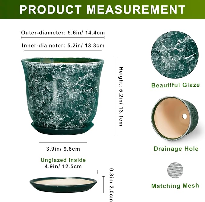 Ceramic Pots for Plants - 5.6 Inch Planter for Indoor Outdoor, Small Flower Pot with Drainage Hole and Saucer, Round Modern Succulent Planters, Home Room Desk Decor, Women Gifts, Green