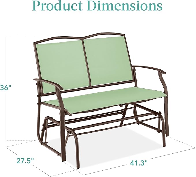 Best Choice Products 2-Person Outdoor Patio Swing Glider Steel Bench Loveseat Rocker for Deck, Porch w/Textilene Fabric, Steel Frame - Sage Green/Brown