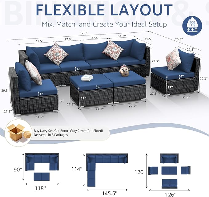 NICESOUL Outdoor Sofa Set of 8, Deep Seating Extra Large Patio Conversation Set, 29.3'' High Back Modern Luxury Wicker Modular Sectional for Backyard Lawn Deck Garden, 2 Color Cushions Navy & Gray