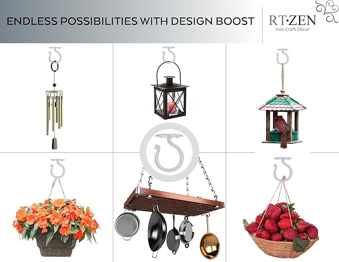 RTZEN Plant Hangers Indoor or Outdoor - Wrought Iron Metal Hanger Indoor Hook - Heavy Duty Wall Bracket Hooks for Hanging Plants Baskets Lanterns Wind Chimes - 2 Pack (Large White Ceiling Hooks)