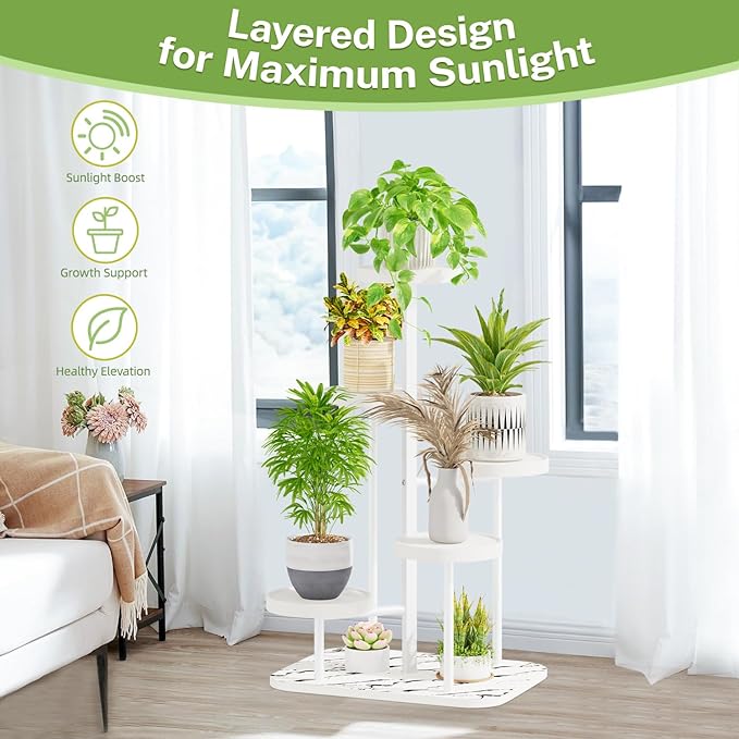 iDavosic.ly 5 Tier Plant Stand Indoor Outdoor, Tiered Corner Plant Stands for Multiple Plants, Metal Plastic Tall Plant Display Holder Flower Shelf for Patio Living Room Garden Balcony Bedroom, White