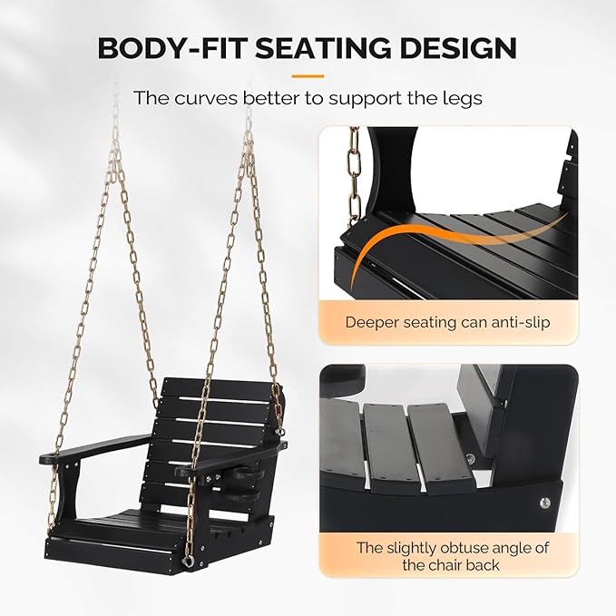 VINGLI Heavy Duty 880 LBS HDPE Porch Swing Outdoor with Rotatable Cup Holder, with Adjustable Chains, 1 Person Hanging Porch Swing Chair for Porch, Yard, Tree, Garden - Black
