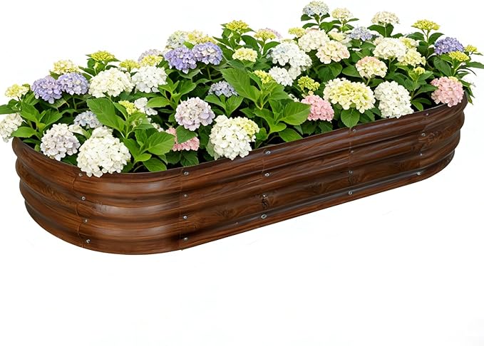 Galvanized Raised Garden Bed Outdoor, Large Raised Bed for Gardening, 6x3x1ft Oval Metal Planter Box for Vegetables, Fruits, Flowers, Dark Brown Wood Grain