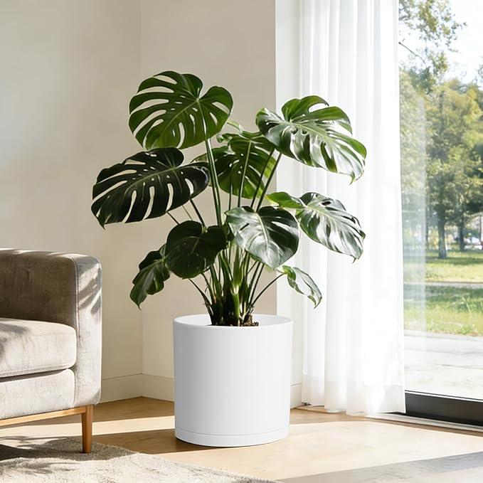 14 Inch Heavy-Duty Cylinder Deep Planter for Indoor Outdoor Plants, Tall Large Plastic Plant Pot with Drainage Holes and Saucer, Decorative Flower Pot for Patio Garden, White