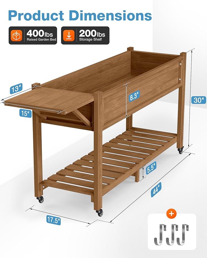 YEFU Raised Garden Bed with Legs: 57x18x30in Weight Capacity 400lb - Waterproof Raised Planter Box with Wheels - Elevated Garden Bed with Storage Shelf - Weather Resistant - for Deck/Patio/Porch/Teak