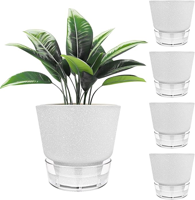 2024 Upgraded 5 Pack 6-Inch Self-Watering Planter Pots with Deep Reservoir for Indoor and Outdoor Plants with Planting Tools (Frosted White)