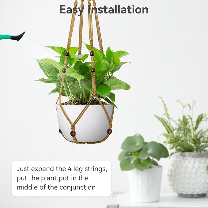 USLAI Macrame Plant Hanger Indoor Outdoor, Fits 4 to 15 Inch Pots, Strong Hanging Planter Holder, Boho Home Decor, 35 Inch, Brown, Set of 2 (POTS NOT Included)