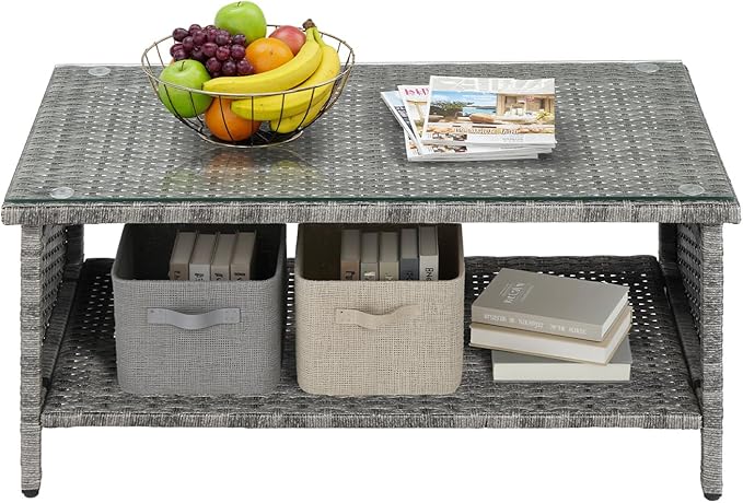 VINGLI Outdoor Wicker CoffeeTable Patio Coffee Tables for Outside, Tempered Glass Top Wicker Table with Storage Coffee Table for Patio Balcony Porch Deck (Gray)