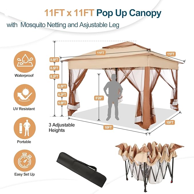 COBIZI 11x11 Pop Up Gazebo Canopy Tent Easy Up Outdoor Gazebo Waterproof Upgrade Portable Gazebo with Mosquito Nettings, Double Vented Roof and Carry Bag for Patio Garden Lawn(Khaki)