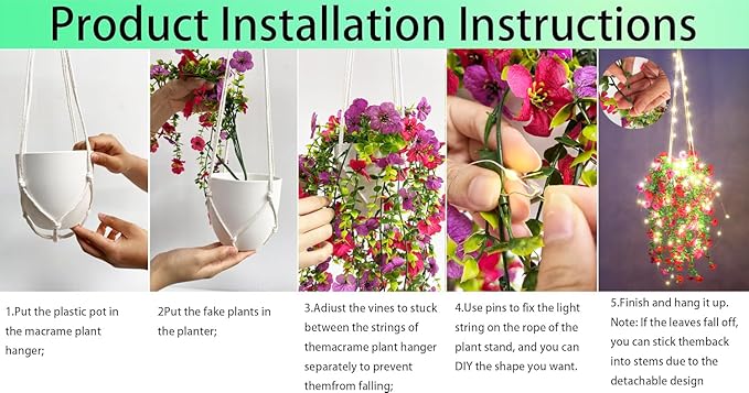 Comtelek Artificial Flowers for Outdoors Fake Hanging Plants with Lights, 4pcs Silk Flowers UV Resistant Realistic Hanging Planter Faux Flower for Outside Porch Patio Home Garden Yard Decor