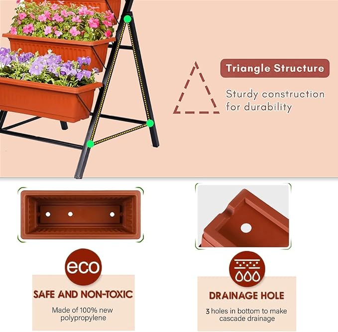 SEJOV 2 Pack Vertical Raised Garden Bed, 5 Tiers Elevated Planter Box for Herbs Vegetables Flowers, Graden Vertical Planter w/Drainage System for Patio Balcony Garden Outdoor Indoor Plants, Dark Red
