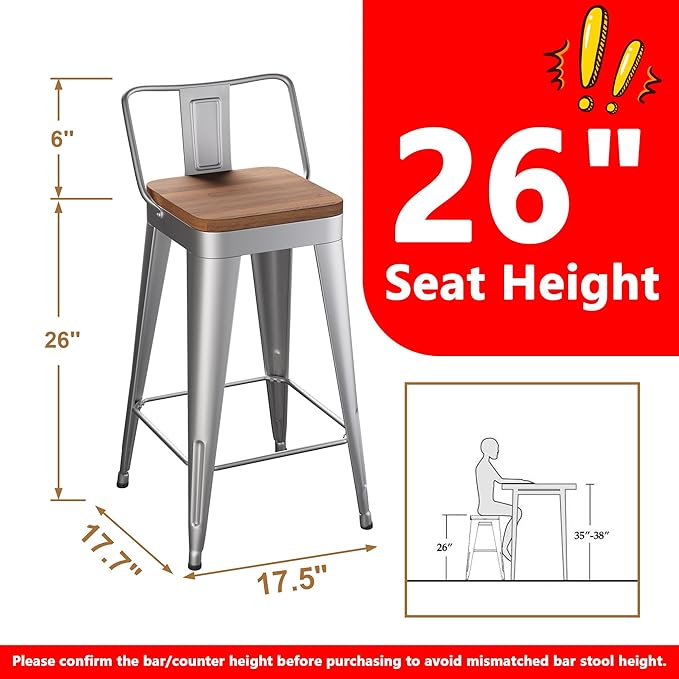WENTMENT Bar Stools Set of 4 Counter Height Stools with Removable Back 26" Kitchen Bar Stools with Wooden Seat, Silver