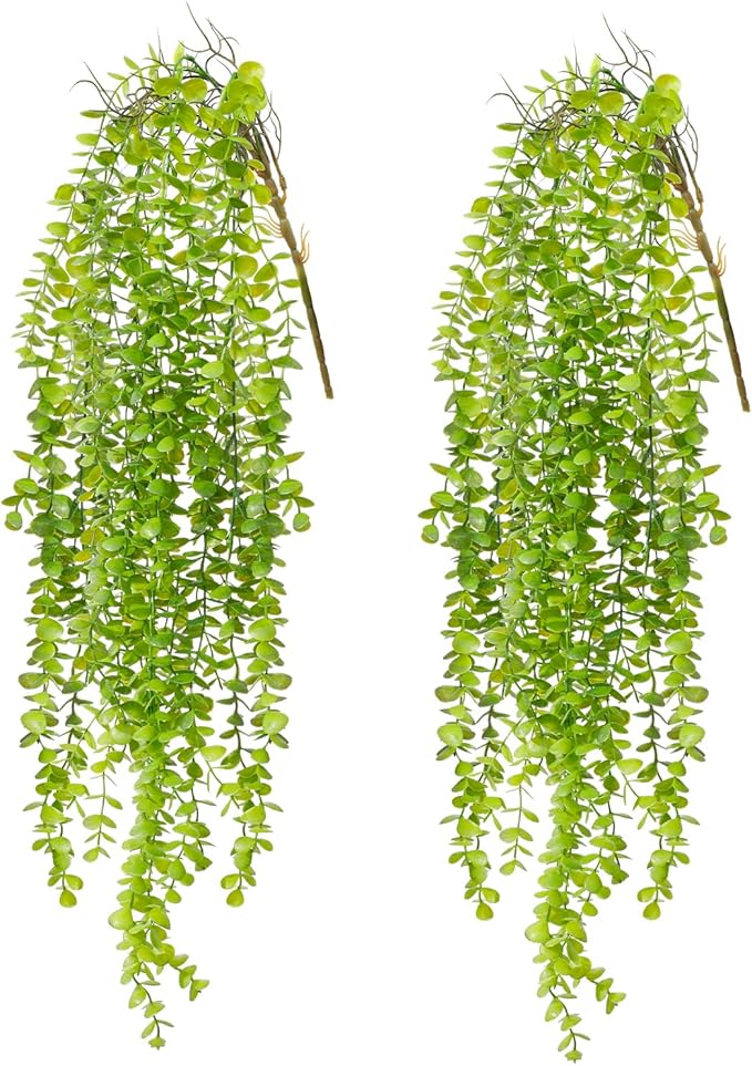 2 Pack Fake Hanging Plants, Artificial Hanging Eucalyptus Plants Greenery Vines UV Resistant Faux Trailing Plants for Indoor Outdoor Wall Shelf Porch Boho Home Patio Decor (2PCS Dark Green)