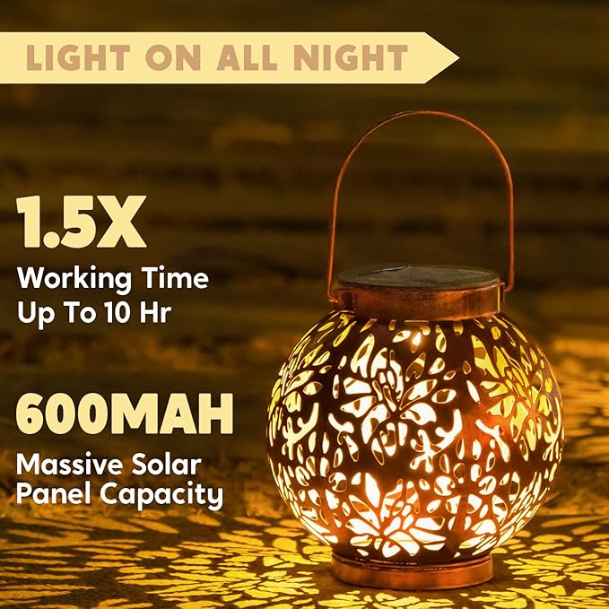 JOIEDOMI 2 Pack Outdoor Solar Hanging Lantern Lights, Waterproof Tabletop with Handle, LED Moroccan Lanterns, Metal Decorative Garden Solar Lights Spring for Patio, Lawn, Porch, Backyard