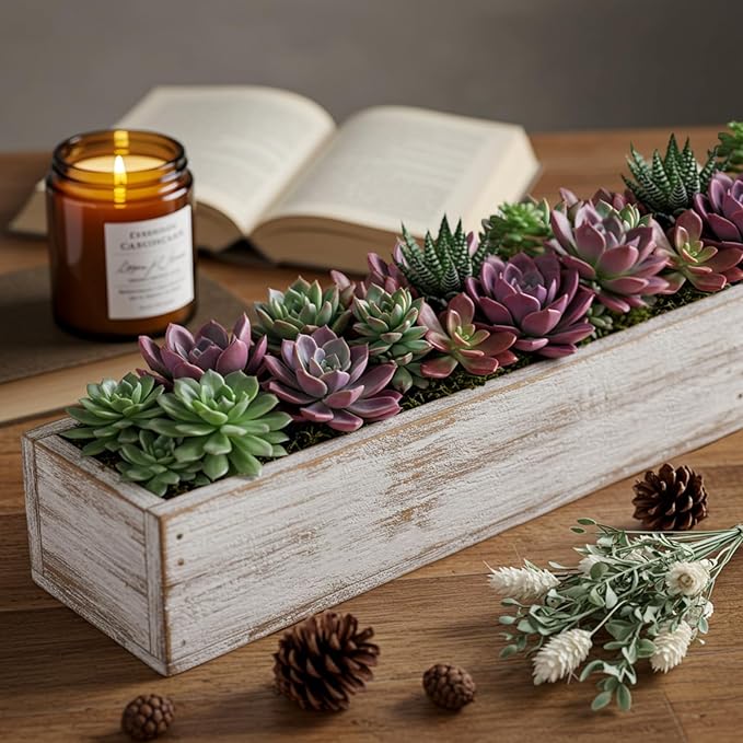 Dandat 4 Set Wood Boxes for Centerpieces 16x4 Inch Rectangle Wooden Planter Box Rustic Wooden Planters with Removable Plastic Liner Floral Foam Blocks for Christmas Wedding Home Garden Decor(White)