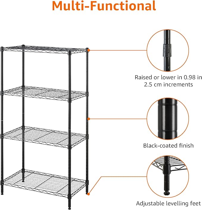 Amazon Basics 4-Shelf Steel Wire Storage Shelves for Garage, Adjustable Metal Shelving Unit, 200 lbs Per Shelf, 23.2" W x 48" H x 13.4" D, Black | Sturdy, Adjustable, Easy Assembly, Storage