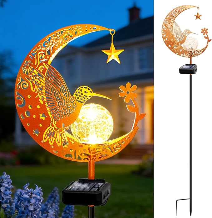 ZNYCYE Solar Lights Outdoor Decorative Moon Hummingbird Solar Stake Lights Birthday Gifts for Women mom Grandma,Hummingbird Garden Decor Waterproof for Walkway, Yard, Lawn, Patio (Warm White)