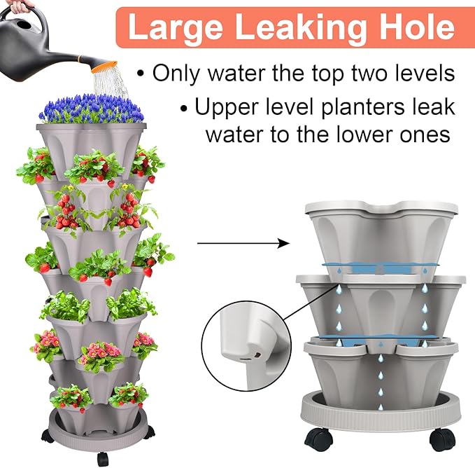GameXcel Vertical Planter 7 Tier Stackable Planters Garden Planters Strawberry Herb Flower and Vegetable Planter Indoor Outdoor Gardening Pots with Removable Wheels and Tools - Gray