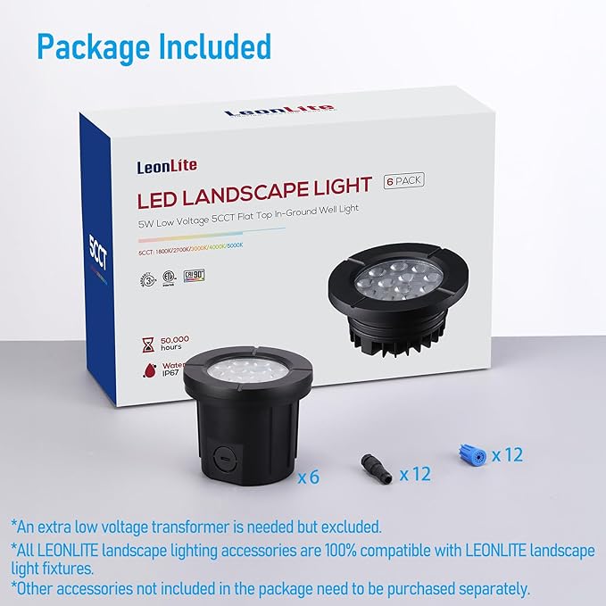 LEONLITE Dia. 4 Inch 5CCT Well Lights Landscape LED In Ground, 5 Color Temperature Selectable, 12-24V AC/DC CRI90 Low Voltage Outdoor Garden Landscaping, Aluminum Housing, Black, Pack of 6