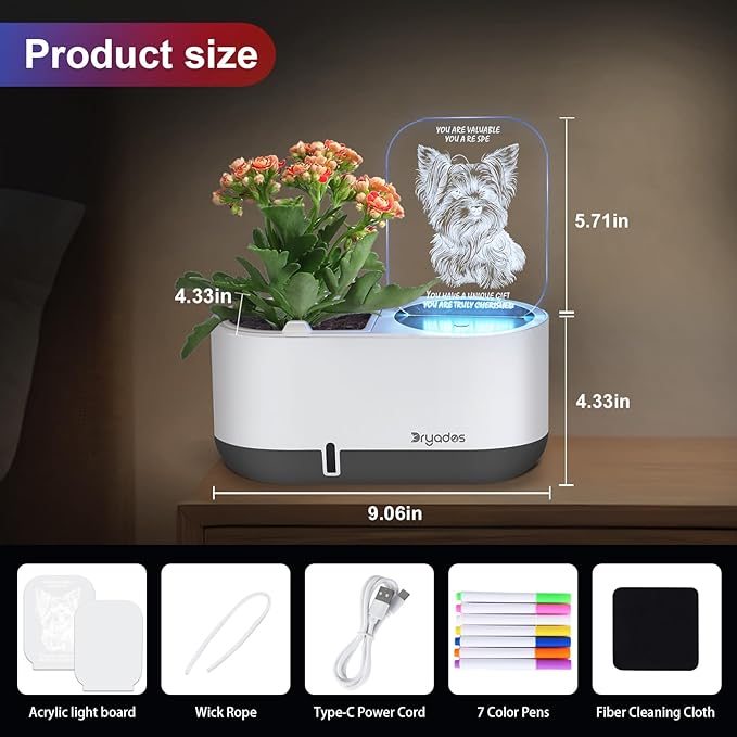 Self-Watering Plant Pot with LED Note Board & 7 Colors Pen, Led Acrylic Message Board with Plant Pot,Dog Board Night Light with Planting Pot for Christmas/Thanksgiving/Gifts(No Plant&Seed)
