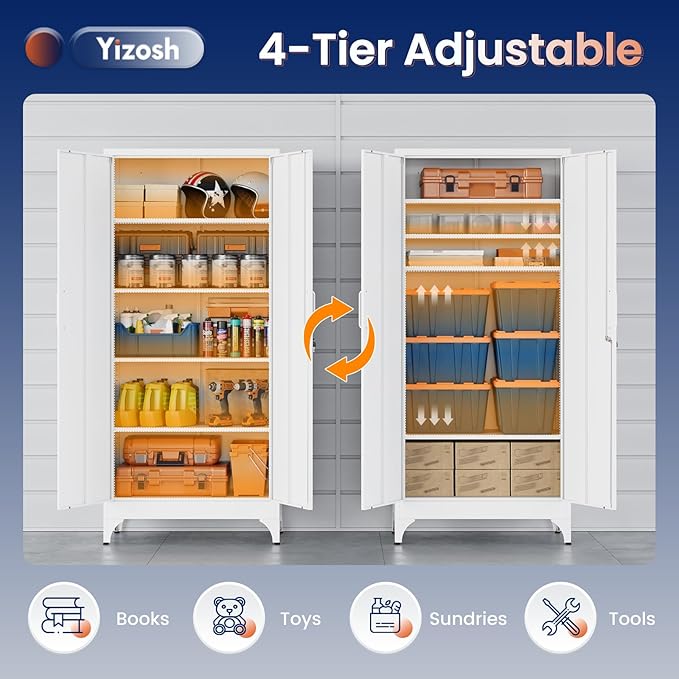 Yizosh Metal Garage Storage Cabinet with 2 Doors and 4 Adjustable Shelves - 71" Steel Lockable File Cabinet,Locking Tool Cabinets for Home,Office,Garage,Gym,School