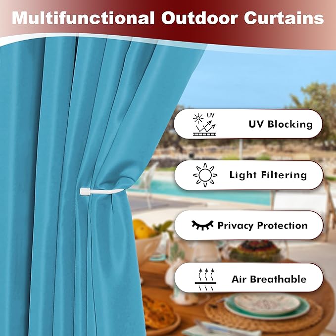 HolidayIdeas Grommet Outdoor Curtains for Patio Waterproof 8 Pcs All Weather Balcony Outside Curtains for Apartments, Gazebo, Pergolas, Porch, 54x84 Inch, Teal